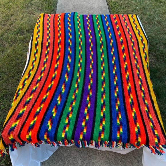 VTG Handmade Rainbow Striped Fringed Afghan Throw - Picture 7 of 10